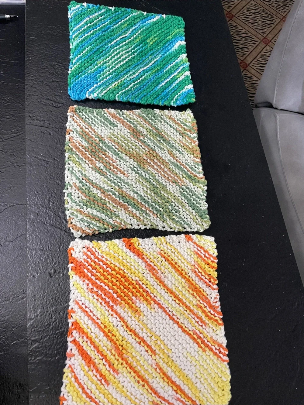 Handmade Knit Dishcloth Set - Green, Neutral, Yellow-Orange approx. 7x7